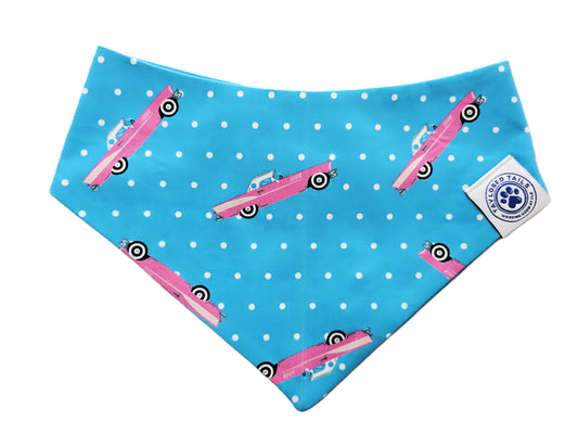 Pink Hot Rod on Blue Polka Dot Dog Bandana