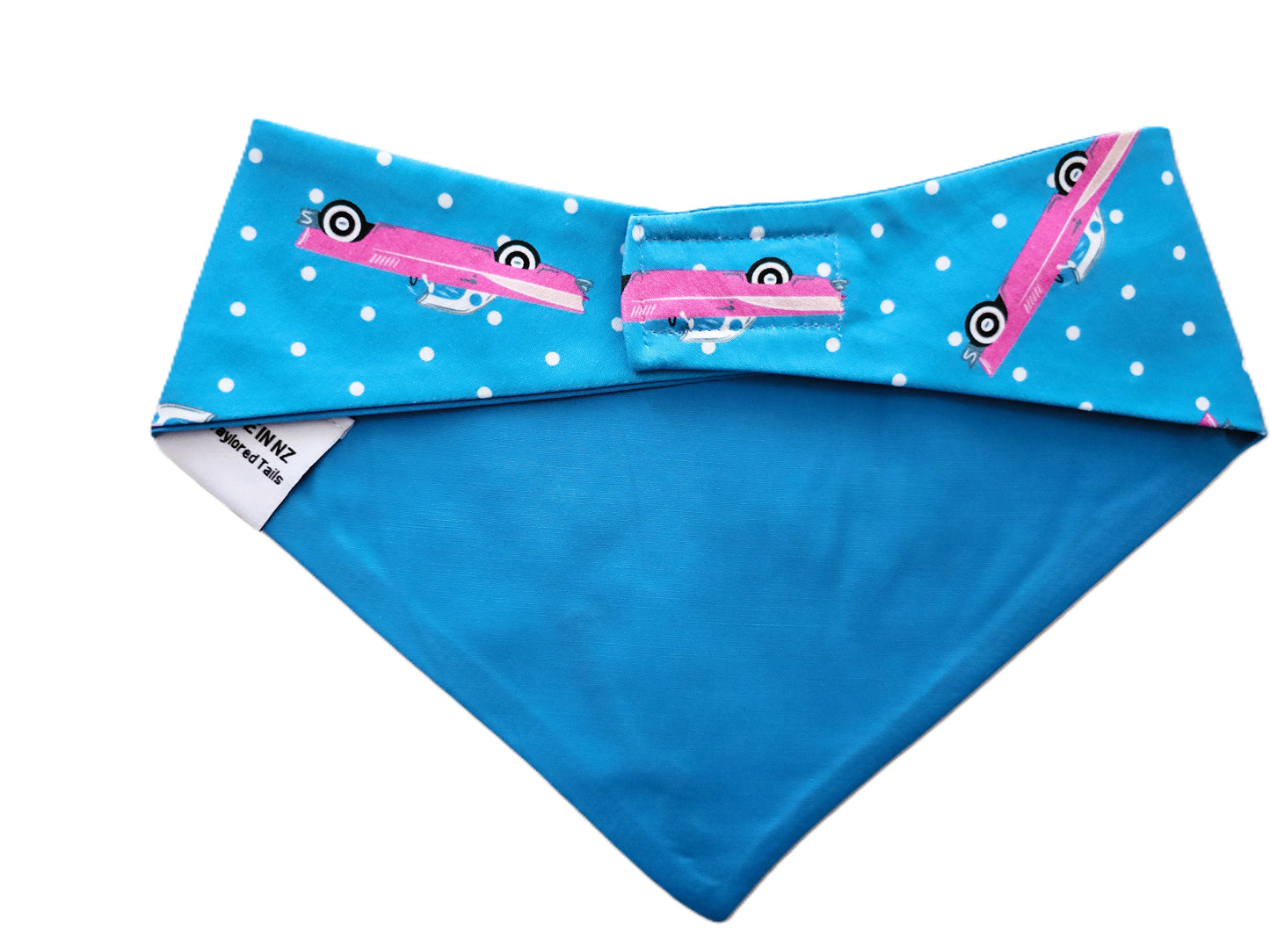 Pink Hot Rod on Blue Polka Dot Dog Bandana