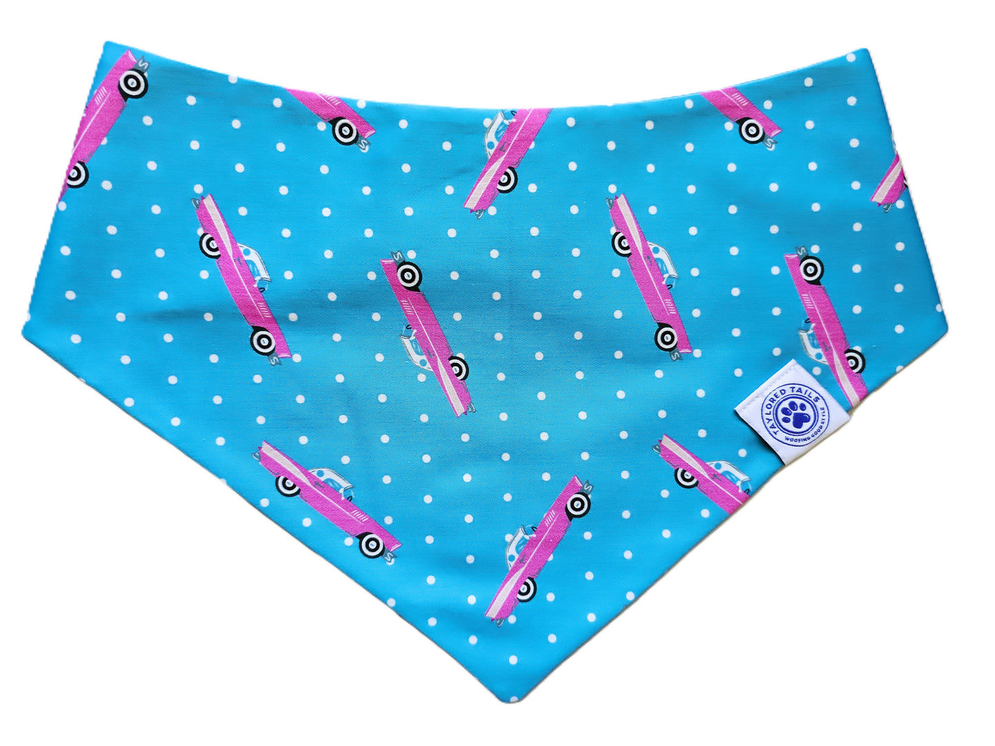 Pink Hot Rod on Blue Polka Dot Dog Bandana