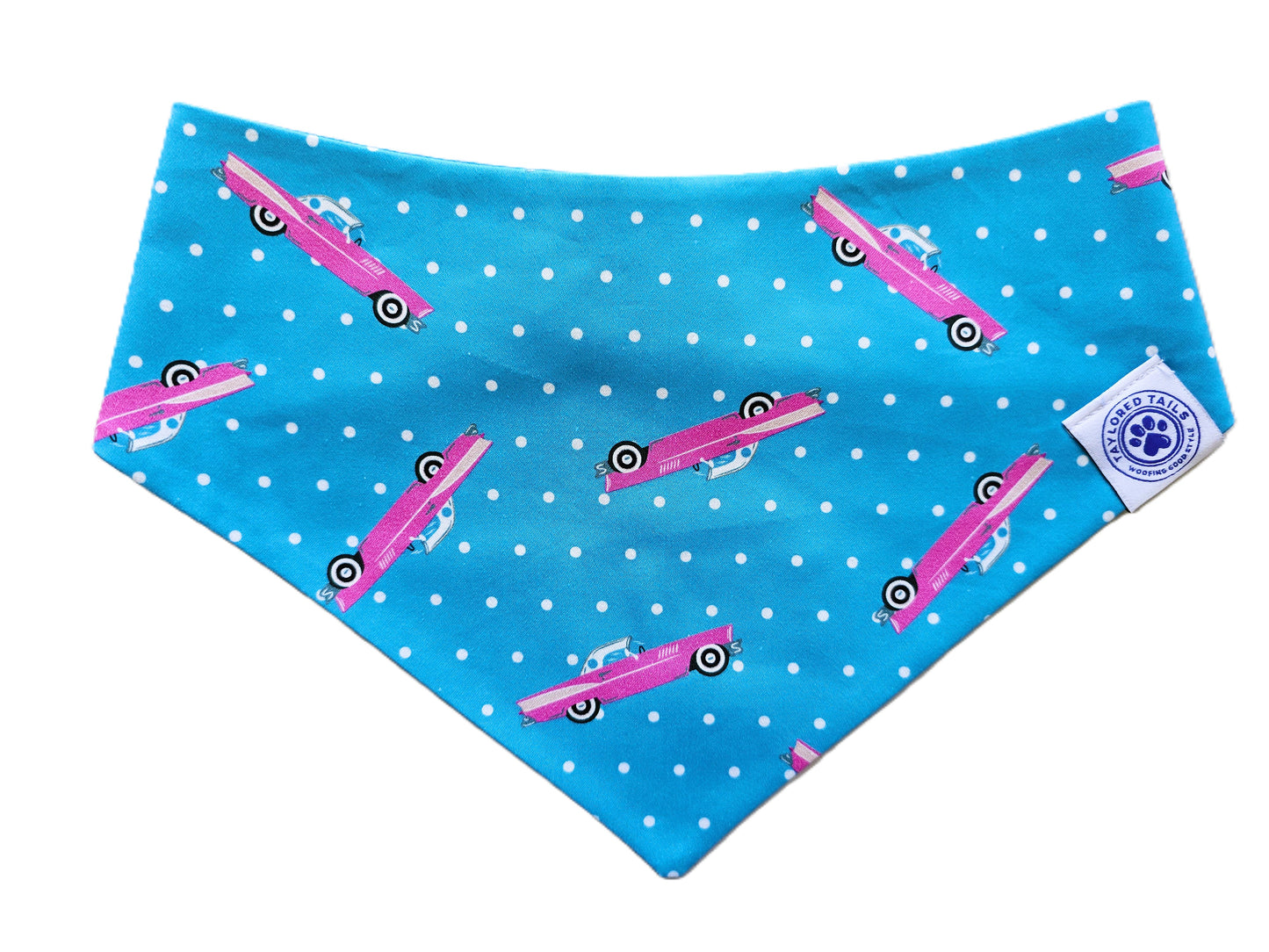 Pink Hot Rod on Blue Polka Dot Dog Bandana