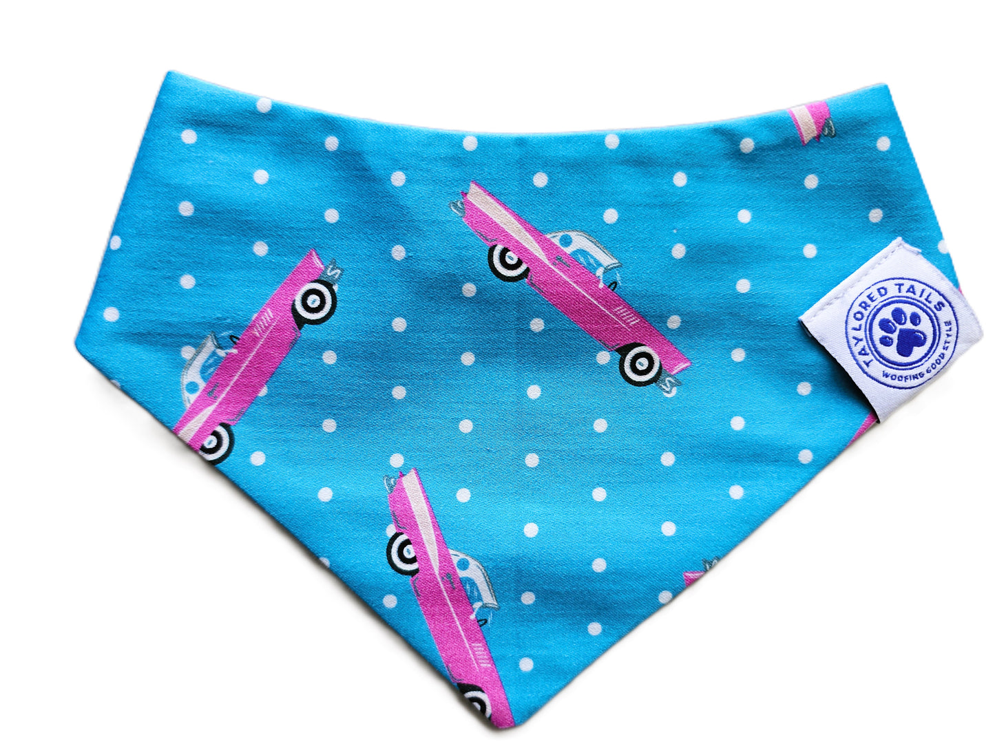 Pink Hot Rod on Blue Polka Dot Dog Bandana