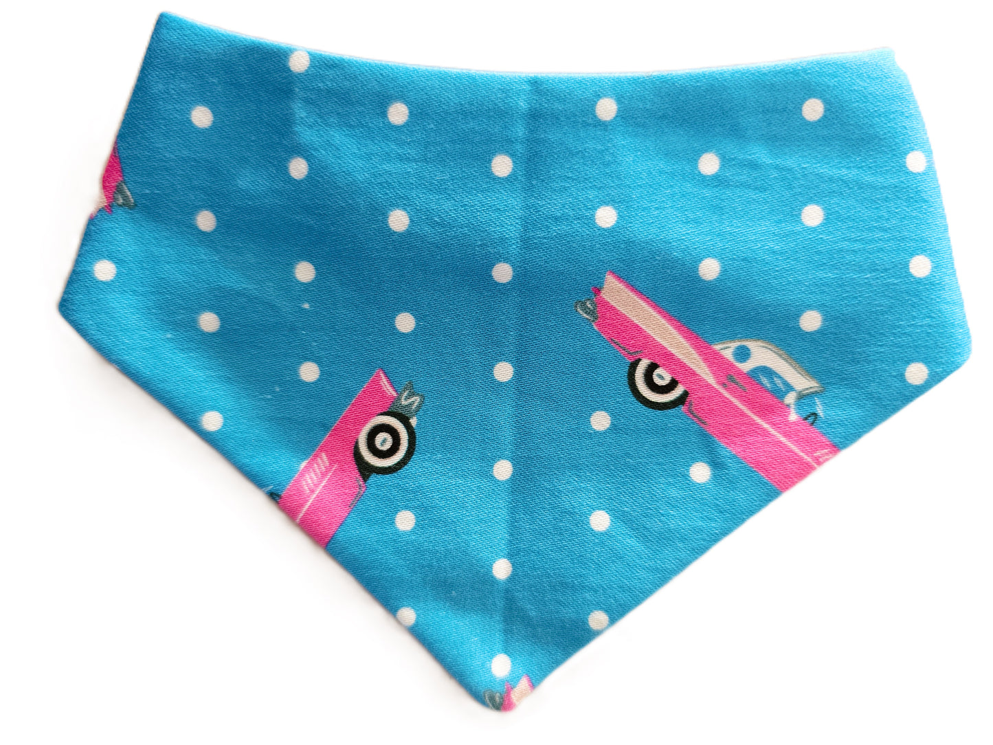 Pink Hot Rod on Blue Polka Dot Dog Bandana