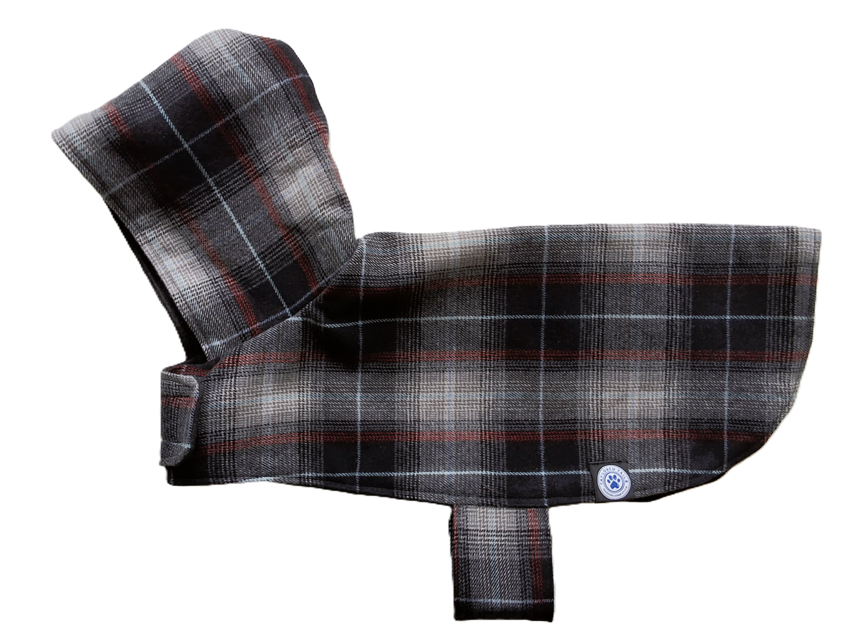 Grey, Red & Black Tartan with Hood Dog Coat