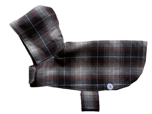 Grey, Red & Black Tartan with Hood Dog Coat